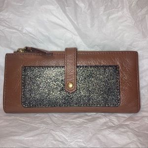 Fossil Leather Wallet Sparkly Detail Billfold Brown Black Gold 7.75x3.75”